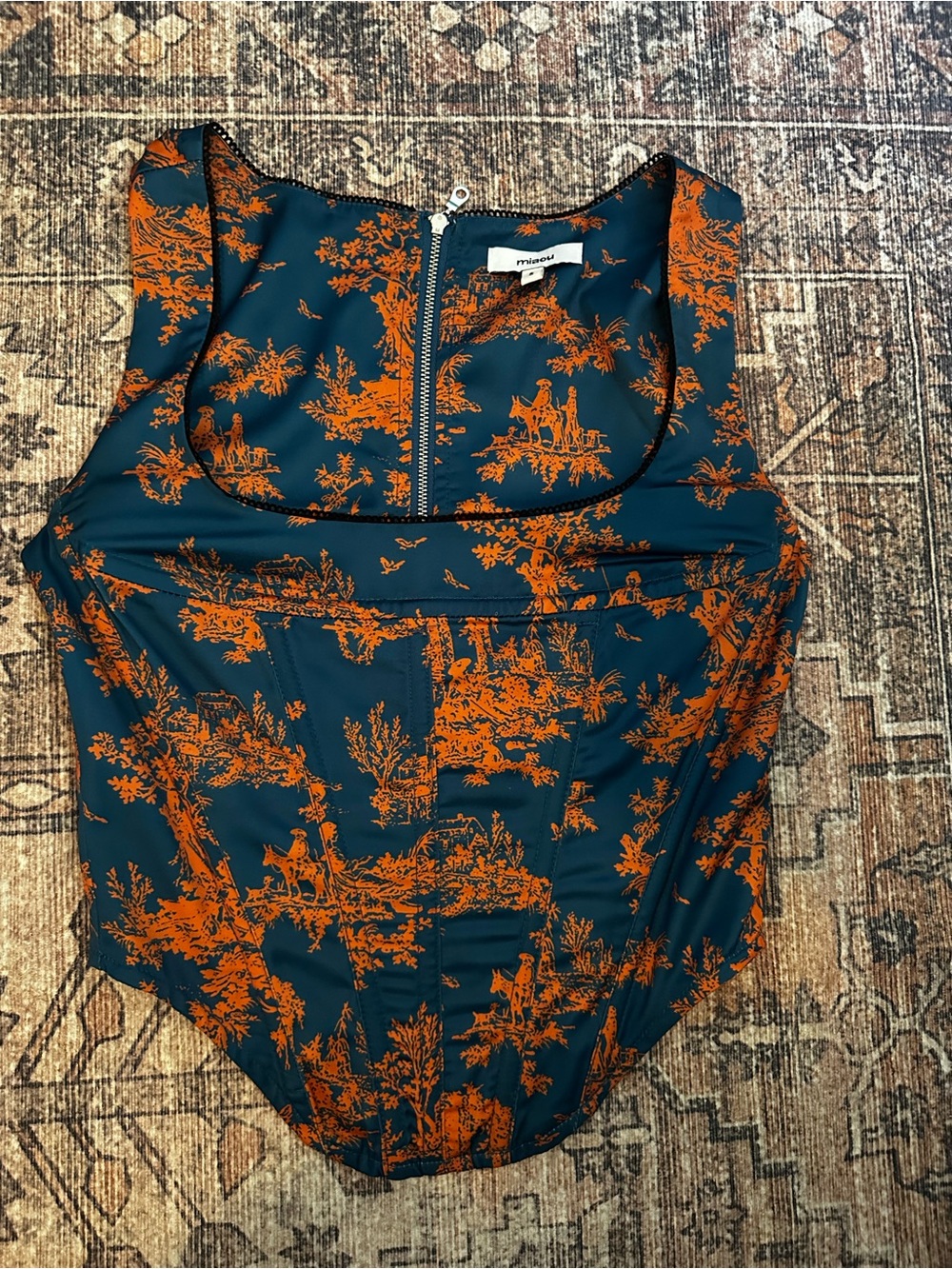 Miaou Dark Teal and Orange Toile Print Sleeveless Top corset new